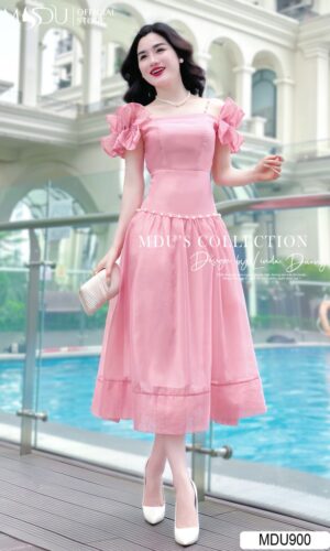 Váy Thiết Kế MDU900 Màu Hồng Pastel Tay Nơ Bồng Dáng Xoè Công Chúa