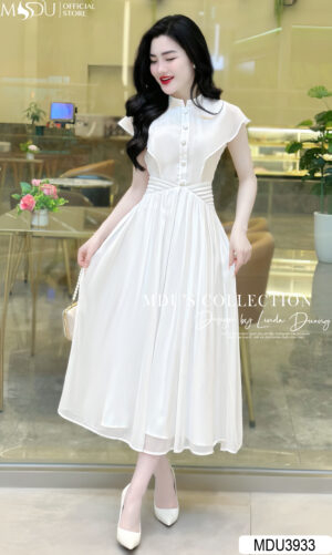 Váy Thiết Kế MDU3933 Tơ Óng Hàn Trắng Tinh Khôi Kết Hợp Tay Cánh Tiên Lôi Quấn