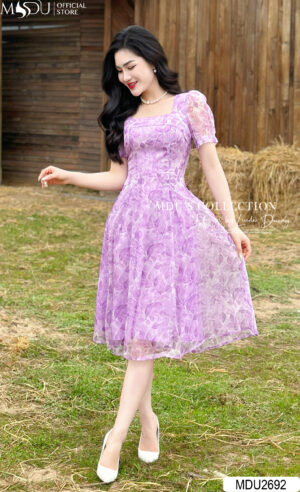 Váy Thiết Kế MDU2692 Sắc Tím 5D Quyến Rũ, Cổ Vuông Tay Bồng Từ MDUfashion