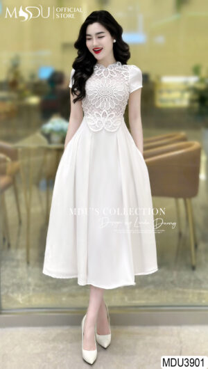 Váy Thiết Kế MDU3901 Tông Trắng Basic Trên Nền Ren Phối Đệm Chính Chevron Hàn Cao Cấp