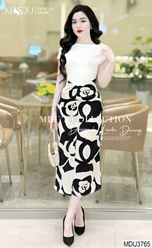 Váy Thiết Kế MDU3765 Tông Trắng Sáng Phối Hoạ Tiết Tùng Váy Bắt Mắt