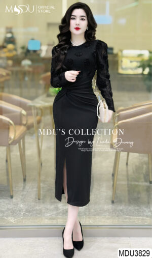 Váy Đầm Body MDU3829 Ren Hoa Đính Dệt Nổi, Tùng Váy Mango Ý Cao Cấp