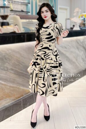 Váy Thiết Kế MDU3395 Dáng Xoè Nhị Kéo Ly Bụng Và Tay, Hoa Tiết Bắt Mắt