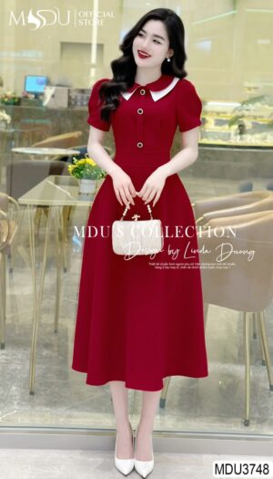 Váy Thiết Kế MDU4398 Tông Đỏ Trầm Cổ Sơ Mi Xếp 2 Tầng Cúc Đính Ngực Lôi Quấn