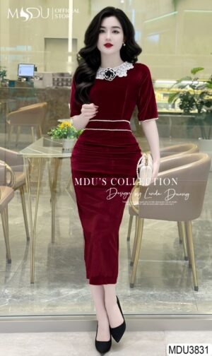 Váy Thiết Kế MDU3831 Chất Nhung Tuyết Hàn Tông Đỏ Chầm Đính Đá Eo Cổ Gắn Hoa