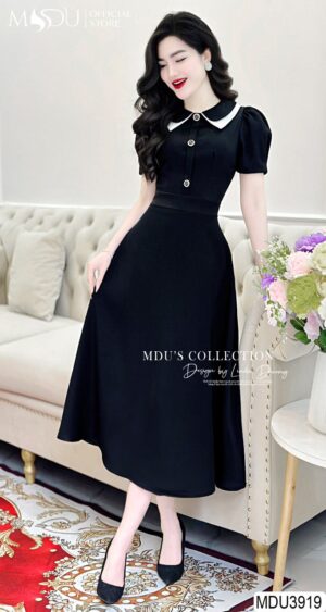 Váy Thiết Kế MDU3919 Tông Đen Cổ Sơ Mi 2 Tầng, Cúc Đá Đính Ngực Sang Trọng