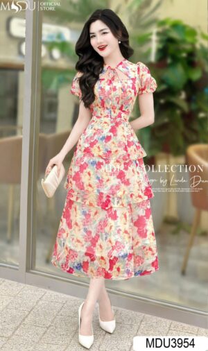 Váy Thiết Kế MDU3954 Tơ Hàn Không Bai Xù ,Xếp Tầng Váy Điệu Đà Phối Tay Bồng Tiểu Thư
