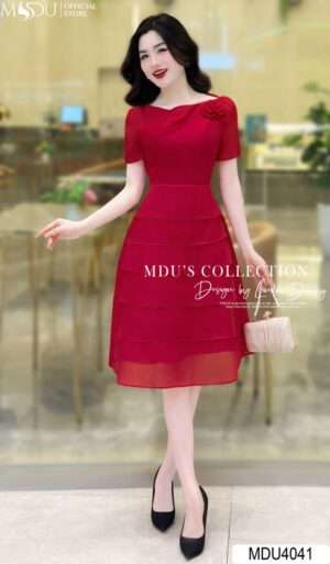 Váy Thiết Kế MDU4041 Gam Đỏ Váy Ngang Gối Chất Tơ Óng Quyến Rũ