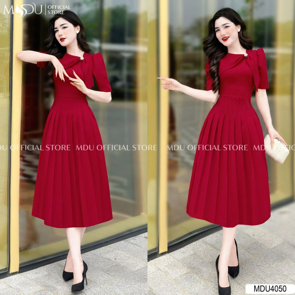 Đầm Công Sở Cổ Điển Ngắn Với Nút Trang Trí