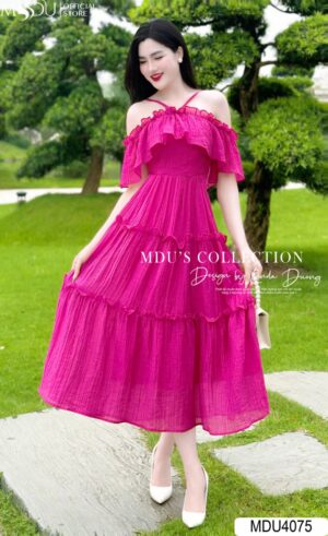 Váy Thiết Kế MDU4075 Gam Hồng Đậm Dáng Trễ Vai Hai Dây Xếp Tầng Váy Quyến Rũ