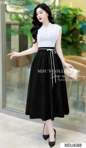 Váy Thiết Kế MDU4088 Vải Mango Hàn Chiết Eo Lạ Mắt Xếp Ly Ngực Thủ Công Dây Đính Eo Thời Thượng Và Thanh Lịch