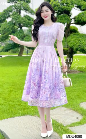 Váy Thiết Kế MDU4090 Thiết Kế Công Chúa Cắt Hoạ Tiết Độc Bản ,Cúc Đá Ngực Trên Nền Tơ Óng Cao Cấp