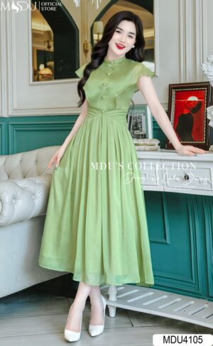 Váy Thiết Kế MDU4105 Tơ Óng Hàn Gam Xanh Rêu Dáng Xoè Nhẹ Tay Cánh Tiên Tiểu Thư Và Thanh Lịch