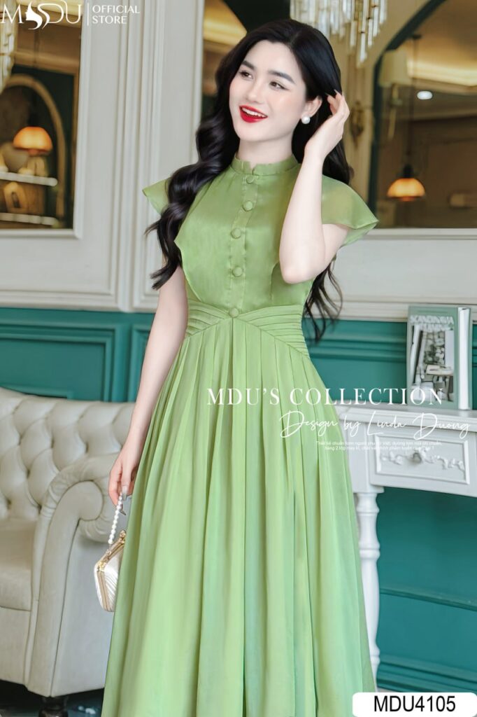 Đầm dự tiệc xanh lá cây dáng xòe 