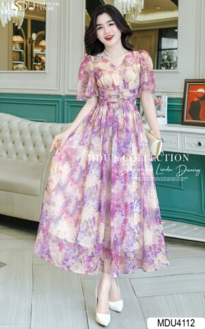 Váy Thiết Kế MDU4112 Dáng Váy Xoè Cổ V Tay Bồng Hoạ Tiết 5D Bắt Mắt Đám Đông