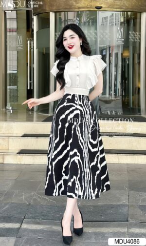 Váy Thiết Kế MDU4086 Hoạ Tiết Tùng Váy Bắt Mắt Tay Xếp Tầng Tiểu Thư Chiết Eo Nữ Ti·