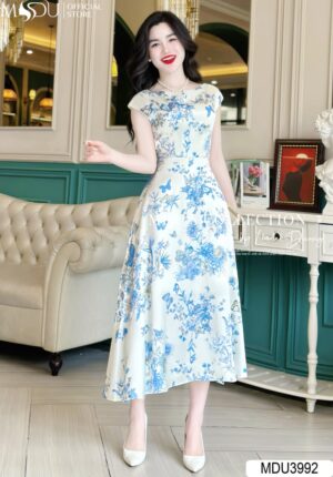 Váy Thiết Kế MDU3992 Hoạ Tiết 5D Hồ Điệp Trên Nền Lụa Twist Satin Nhập Khẩu Ý