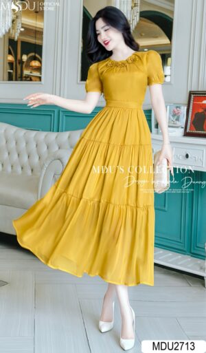 Váy Thiết Kế MDU2713 Tông Vàng Basic Cổ Tròn Tay Bồng Xếp Ly Tùng Váy Tiểu Thư