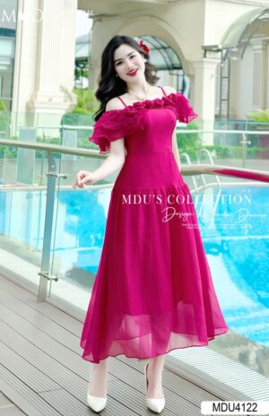 Váy Thiết Kế MDU4122 Dáng Trễ Vai Hoa Thêu Ngực Gam Hồng Đậm Tơ Vân Hàn Tinh Tế