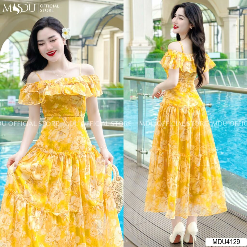 Đầm Công Chúa Xoè Trễ Vai Màu Vàng Rực Rỡ