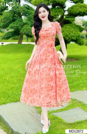Váy Thiết Kế MDU2872 Gam Cam Hoa Tiết Hoa Lá Cổ Vuông Tay Bồng Xoè Nhẹ Tiểu Thư