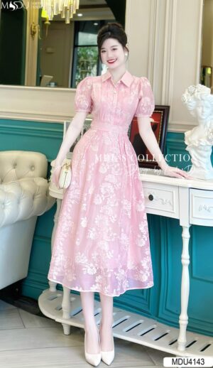 Váy Thiết Kế MDU4143 Cổ Sơ Mi Thanh Lịch Gam Hồng Pastel Nhẹ Nhàng Sếp Ly Ngực Cuốn Hút