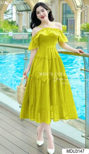 Váy Thiết Kế MDU3147 Gam Xanh Bơ Tơ Nhũ Dáng Trễ Vai 2 Dây Chéo Thu Hút Mọi Ánh Nhìn
