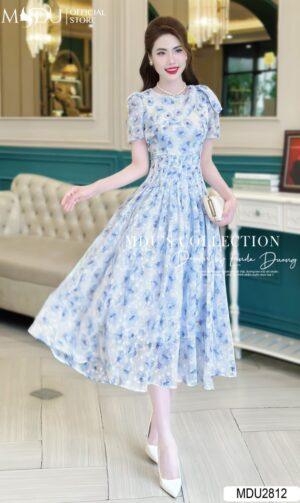 Váy Thiết Kế MDU2812 Thiết Kế Classic Hoa In Tông Xanh ,Tay Xếp Cách Điệu Phần Ngực