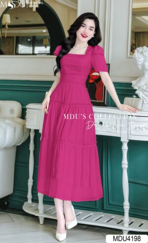 Váy Thiết Kế MDU4198 Tông Hồng Cổ Vuông Tay Và Váy Xếp Tầng Tiểu Thư