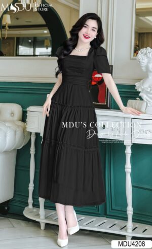 Váy Thiết Kế MDU4208 Cổ Vuông Tay Tầng Tông Đen Huyền Bí, Lịch Sự Và Sang Trọng