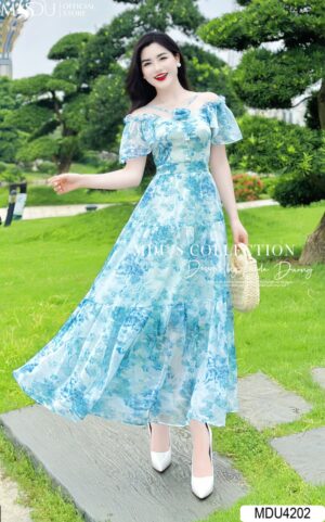 Váy Thiết Kế MDU4202 Gam Màu Xanh Pha Hoạ Tiết Hoa Nhẹ Nhàng Trễ Vai Quyến Rũ
