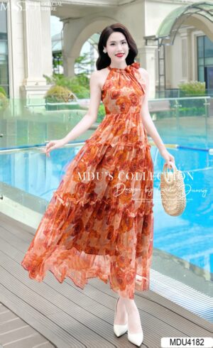 Váy Thiết Kế MDU4182 Cổ Tròn Nơ Cổ Tông Cam Pha Hoạ Tiết Hoa 5D Lôi Quấn Và Quyến Rũ