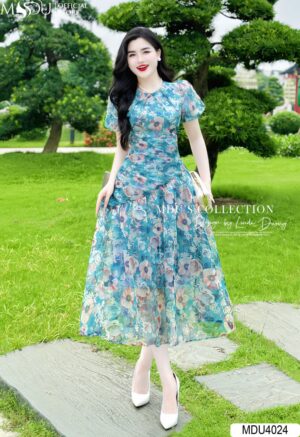 Váy Thiết Kế MDU4024 Màu Xanh Cổ Tròn Thanh Lịch