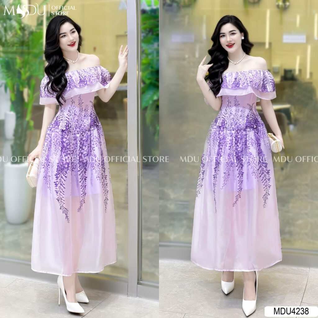 Đầm Trễ Vai Chiết Eo Tạo Điểm Nhấn