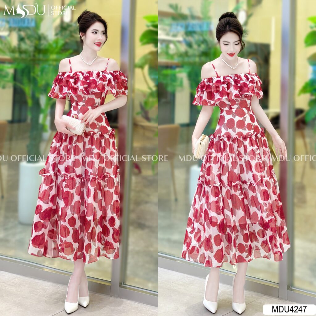 Váy Xòe Công Chúa Trễ Vai Xếp Li Thanh Lịch