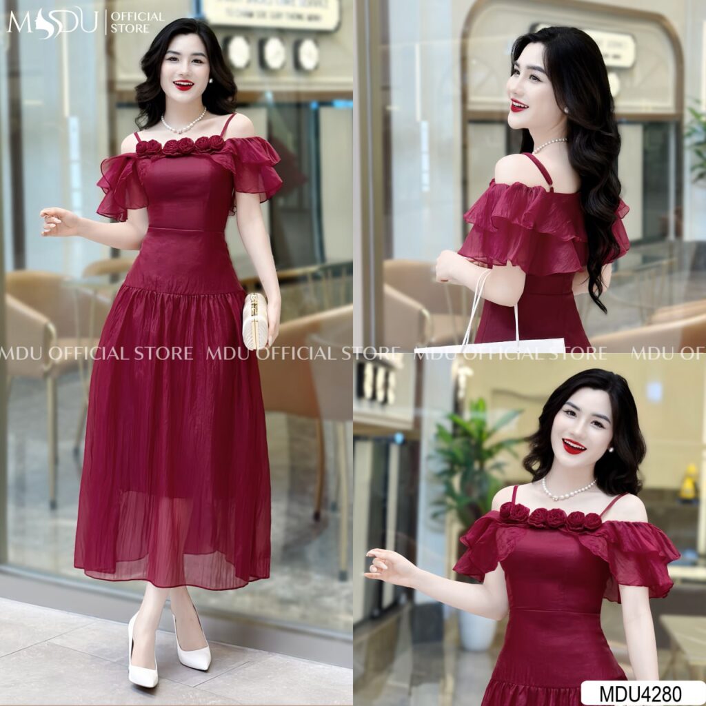 Đầm Công Chúa Xoè Trễ Vai Màu Đỏ Quyến Rũ