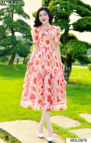 Váy Thiết Kế MDU3979 Tông Cảm Đỏ Bắt Mắt Hoa Tiết In 5D Mix Hoa Vai Quyến Rũ Và Thanh Lịch