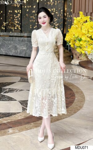 Váy Thiết Kế MDU071 Lụa Phối Ren Hàn Dáng Classic Tông Trắng Tinh Tế Và Quyến Dũ