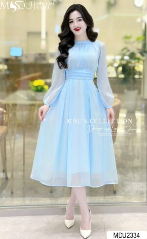 Váy Dáng Xòe MDU2334 Màu Xanh Có Đai Eo Tôn Dáng