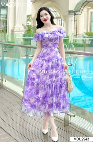 Váy Thiết Kế MDU2943 Dáng Trễ Vai Hoạ Tiết 5D Tơ Óng Sắc Tím Sang Trọng Và Cuốn Hút