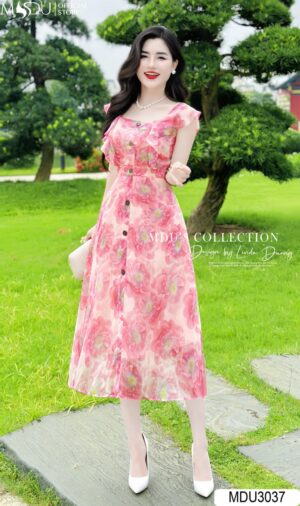 Váy Thiết Kế MDU3037 Màu Hồng Cổ Vuông Quyến Rũ Rực Rỡ Tinh Tế