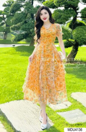 Váy Thiết Kế MDU4136 Cổ V Tông Vàng Pha Hoạ Tiết 5D - Dáng Xòe Tiểu Thư Thanh Lịch Tinh Tế