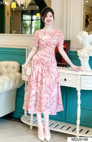 Váy Thiết Kế MDU4149 Dáng Váy Xòe Phối Họa Tiết Hoa Anh Đào Độc Bản