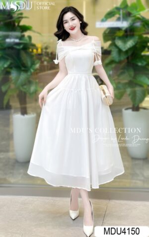 Váy Thiết Kế MDU4150 Màu Trắng Dáng Xòe Công Chúa Kiểu Trễ Vai Kiêu Sa Thanh Lịch