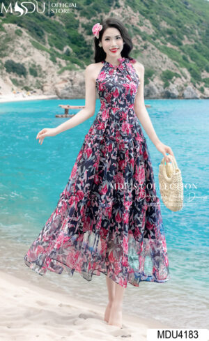 Váy Thiết Kế MDU4183 Hoạ Tiết In 5D Hoa Tông Đen Pha Sáng Thu Hút Mọi Ánh Nhìn