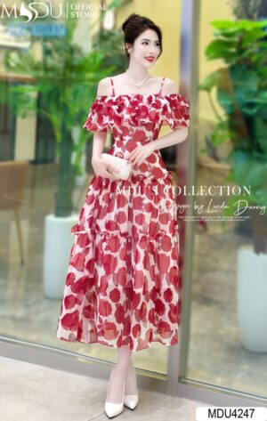 Váy Thiết Kế Công Chúa MDU4247 Màu Đỏ Trễ Vai Quyến Rũ