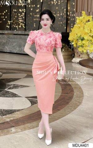 Váy Thiết Kế MDU4401 Gam Hồng Pastel Phối Thiết Kế Thân Trên Ren Dệt Hoa Tùng Váy Ôm Vòng Xẻ Tà Tôn Vòng 3
