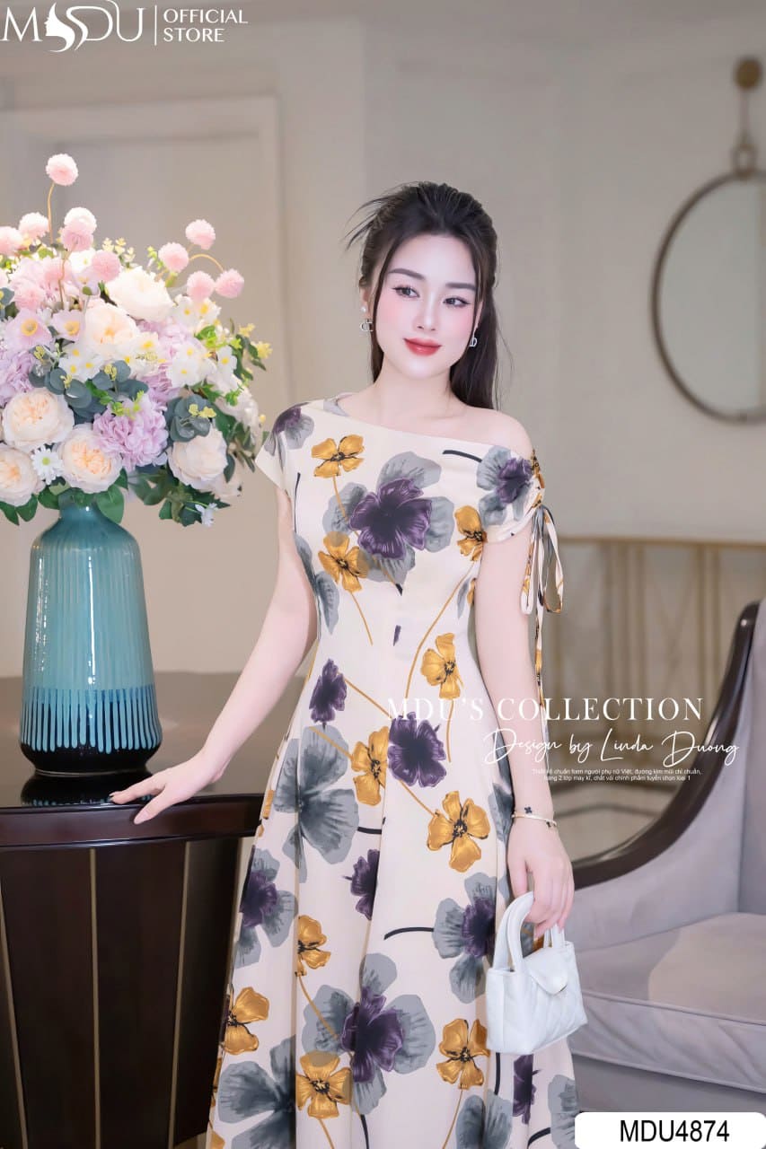 Đầm dự tiệc cho người gầy - Lệch vai 