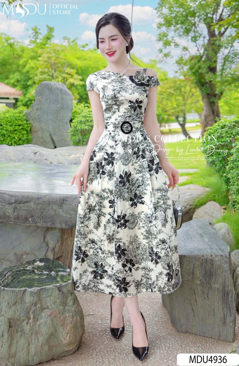 Đầm dự tiệc lệch vai xòe nhẹ