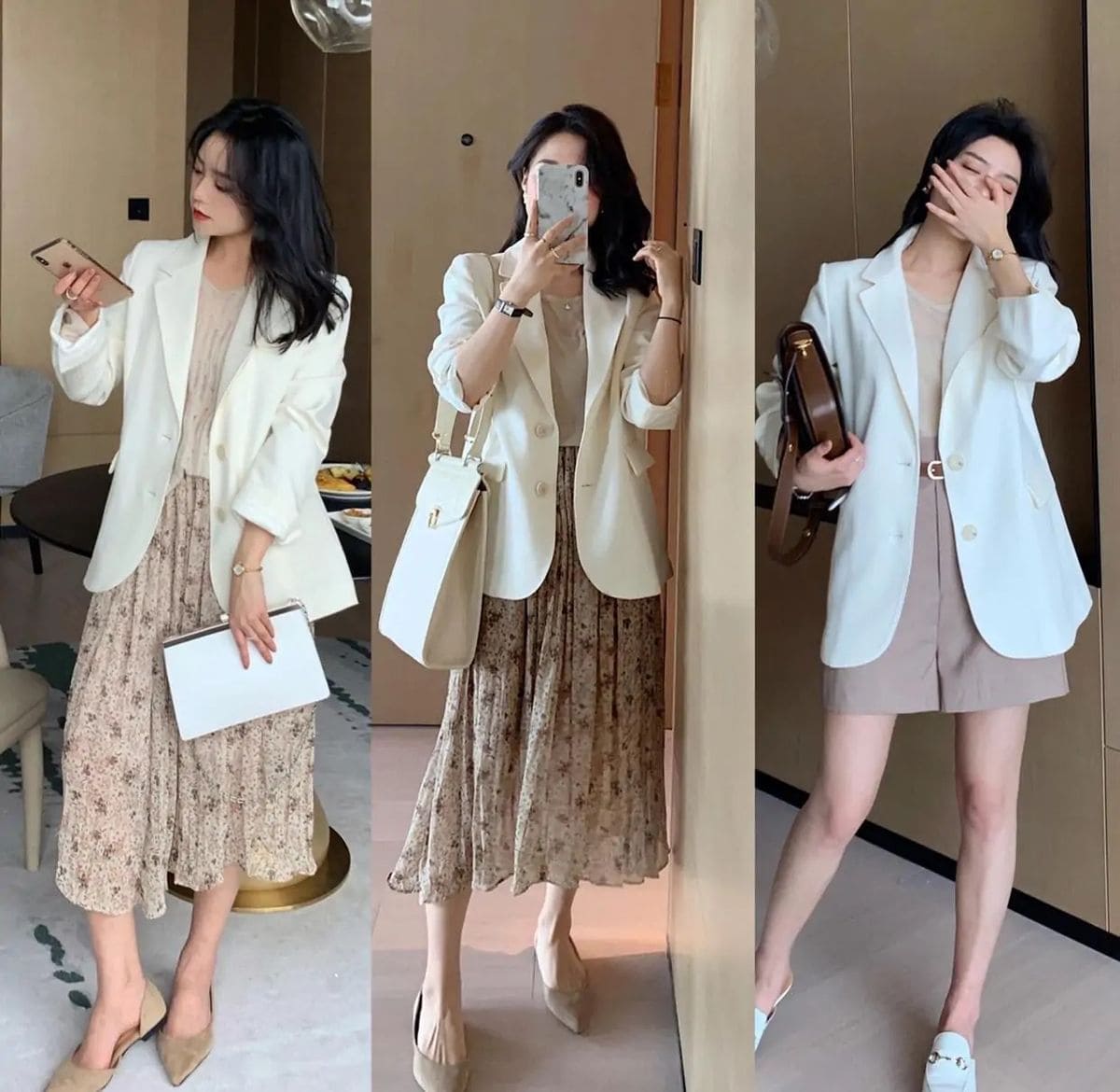 Layering Đầm Hoa Nhí Công Sở Với Áo Khoác Ngoài